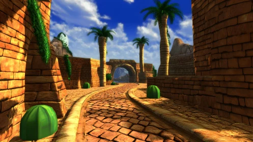 Vibrant 3D desert ruins with palm trees and stone pathways.