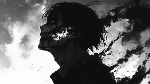 Silhouetted skeletal figure against turbulent clouded sky.