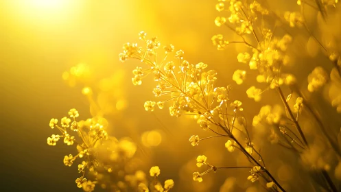 Backlit macro study of yellow wildflower inflorescences.