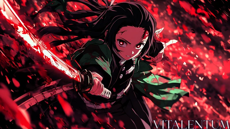 Dynamic anime swordsman in red motion blur battle field