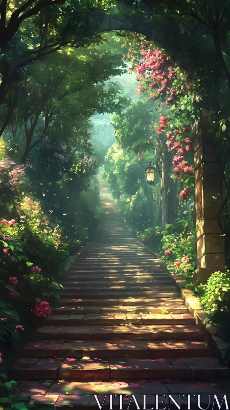 Stone garden stairway under foliage arch with dappled light.