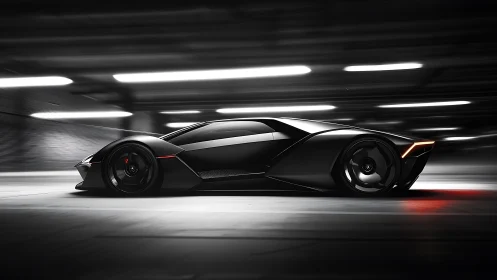 Matte black hypercar renders in dynamic tunnel motion.