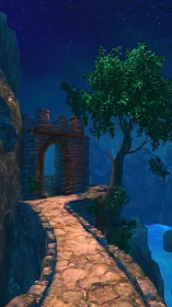 Stone cliff path curves toward ruined arch under stars