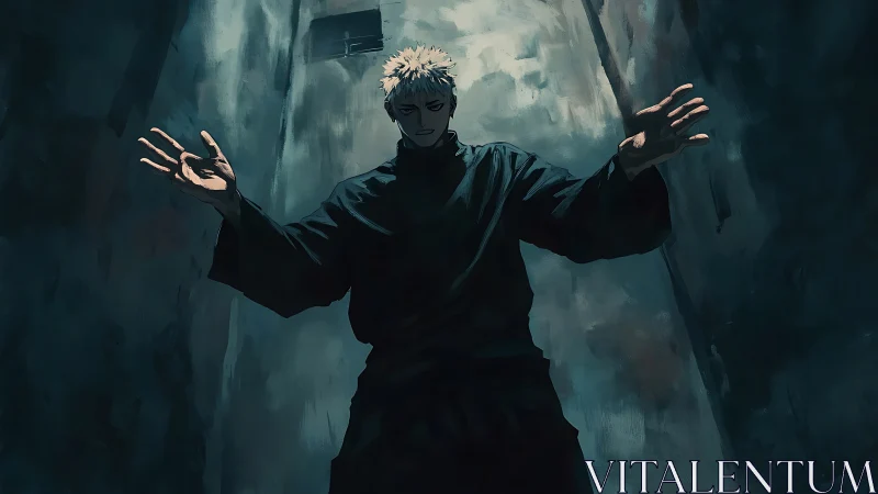 Male figure stands in narrow alleyway with outstretched arms