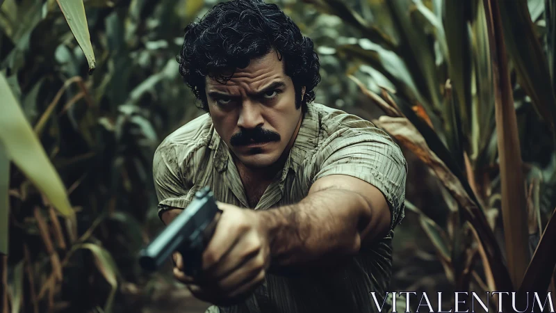 Armed man stalking through dense cornfield with pistol drawn.