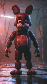 Rusted animatronic rabbit under volumetric backlight in wet alley