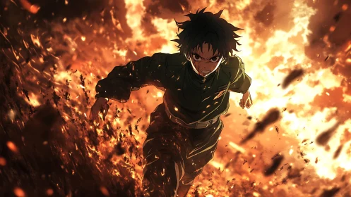 Central figure runs forward through dense explosive fire field