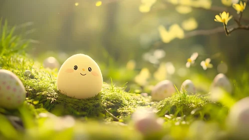 Smiling pastel egg character resting in glowing spring meadow.