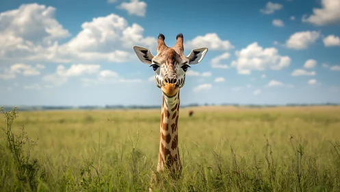 Giraffe gazes calmly across open grassy African savanna.