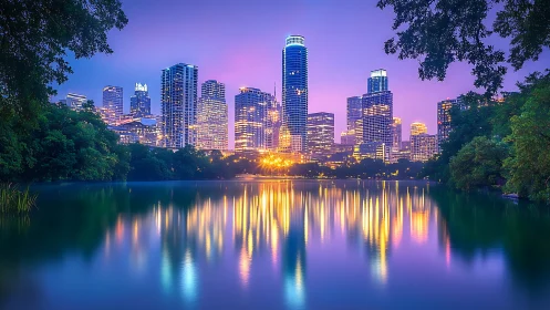 Vibrant city skyline glows over calm lakeside at twilight