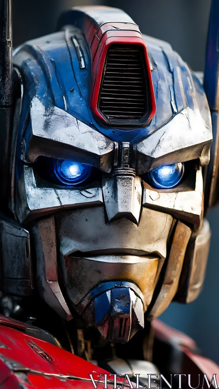 Battle-worn robotic head with illuminated optic systems.