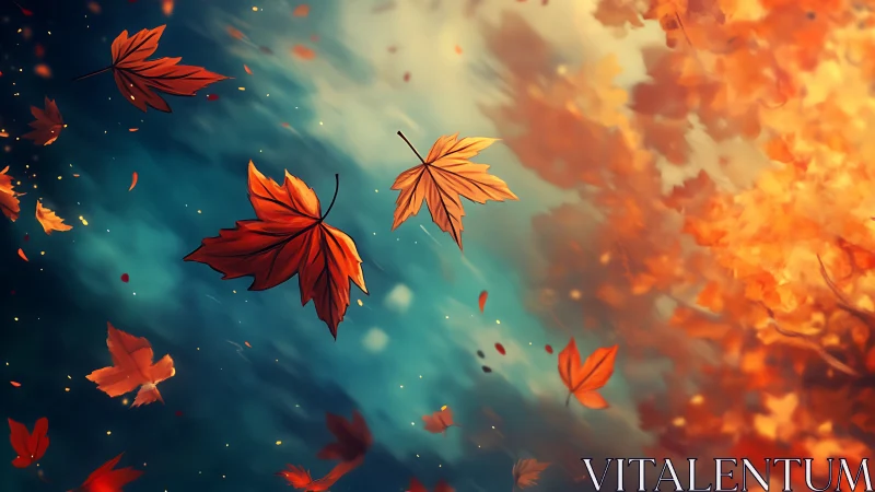 Autumn maple leaves swirl through teal light and mist