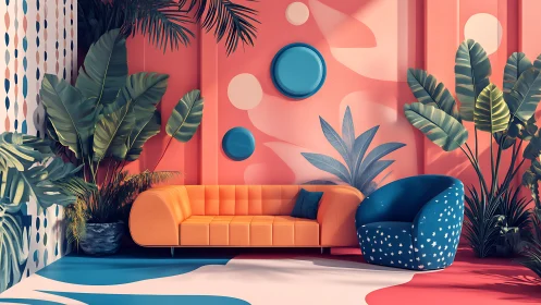 Chromatic lounge interior with tropical foliage and geometric decor.