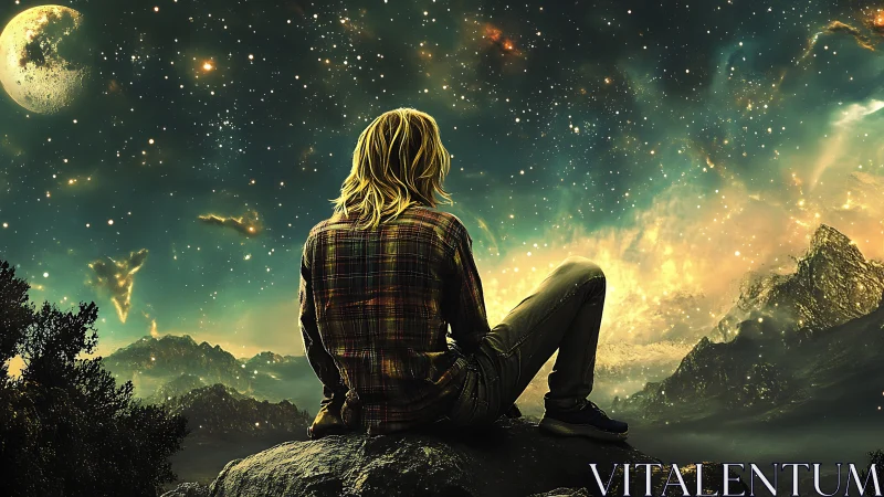 Contemplative figure under luminous cosmic night sky.