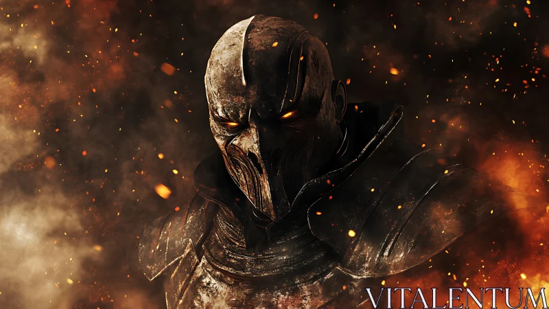 Armored infernal warlord with ember-lit demonic mask.