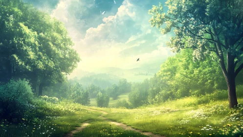 Rendered rural landscape shows tree-lined path under clouds