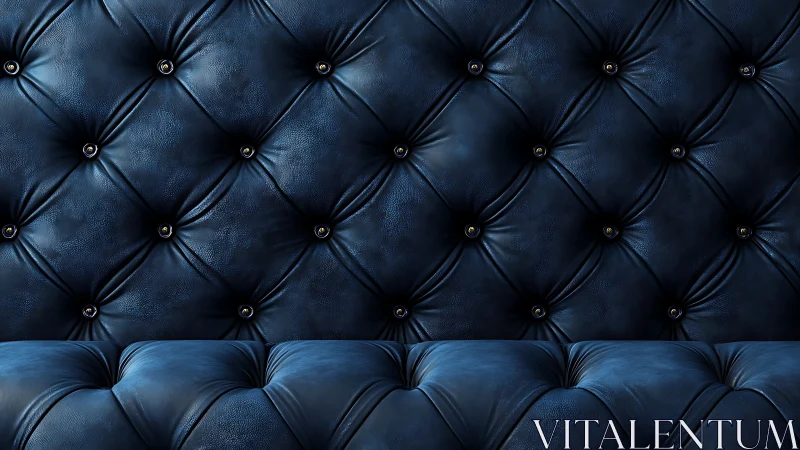 Midnight-blue tufted leather wall quietly glows with depth