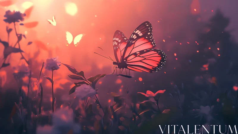 Butterfly resting in glowing dusk meadow light field.