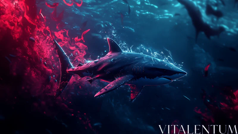 Crimson surge surrounding streamlined cyber ocean predator.