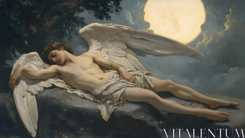 Moonlit angel slumbers on stone beneath a solemn, glowing sky.