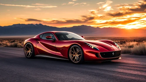 Sunset drive with a sleek red sports car on open road.