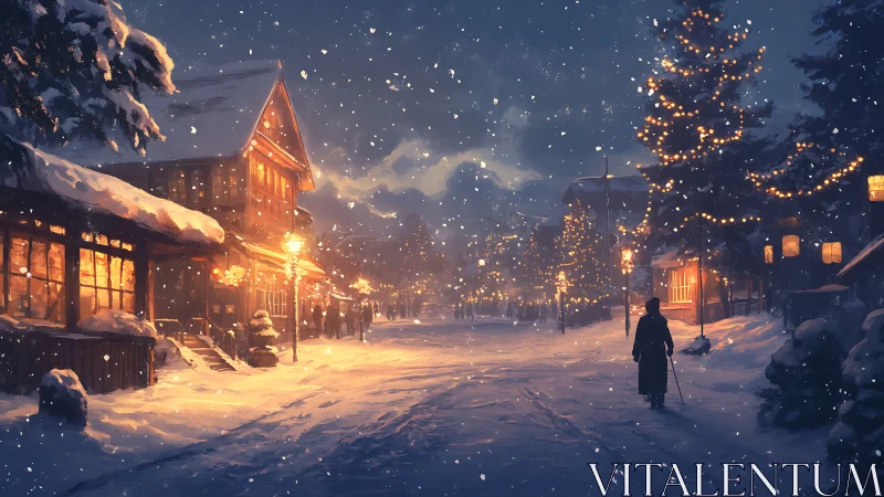 Snowy village street glows under warm festive lanterns.