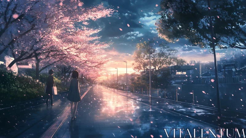 Twilight cherry blossoms paint a mirrored street in soft hush