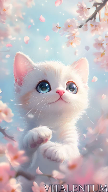 Ethereal White Kitten Among Cherry Blossoms.