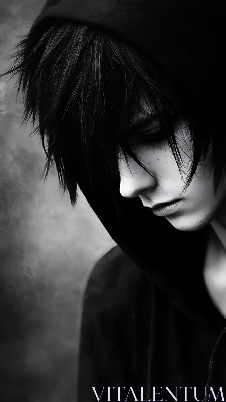 Hooded midnight dreamer in grayscale storm of quiet sorrow.