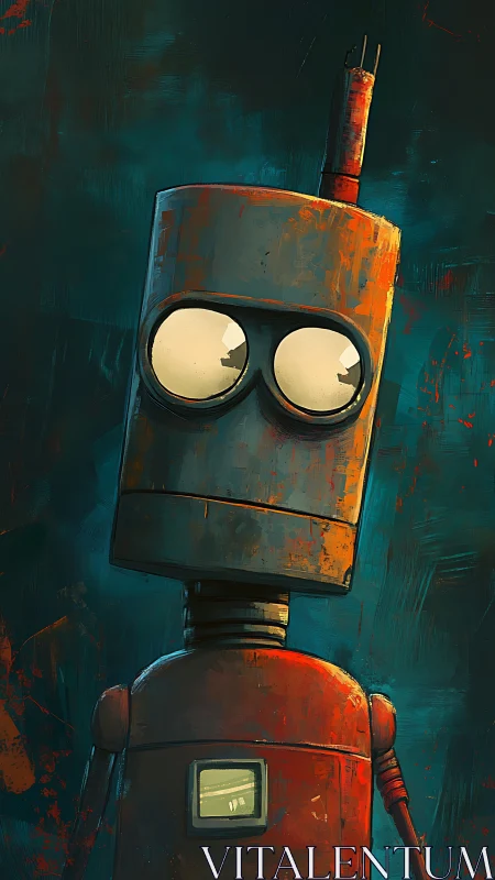 Weathered cylindrical robot portrait with rusted orange chassis