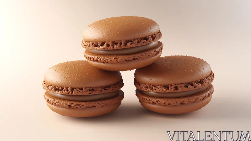 Chocolate macaron trio stacked in velvety dessert daydream.