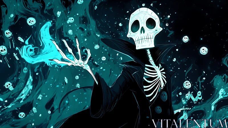 Skeletal sorcerer commands cyan spectral flame in void.