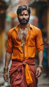 Photorealistic portrait of traditional Indian street style.