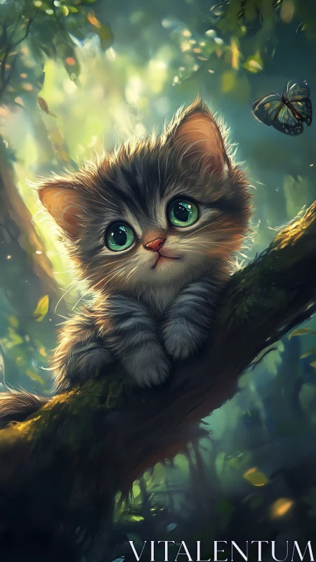 Curious forest kitten with bright eyes and gentle wonder.