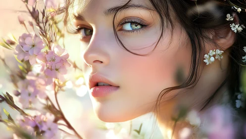 Hyperreal floral portrait with pastel bokeh and soft sunlight