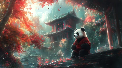 Panda monk rests on a terrace amid glowing autumn temple garden