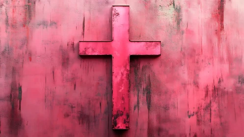 Bold pink cross stands against textured distressed wall