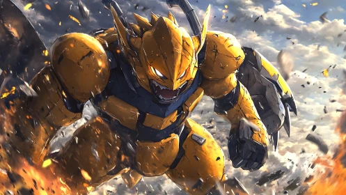 Armored yellow mech charges through fire and shattered sky