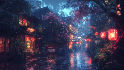 Rain-soaked neon alley merges traditional lantern glow and skyline