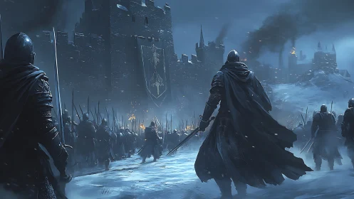 Midnight siege lines march toward a burning winter citadel.