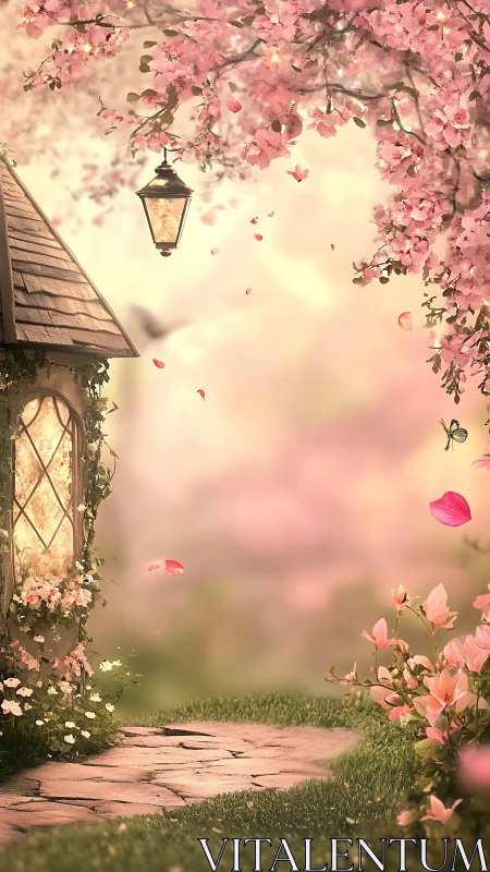 Enchanted cottage path under luminous cherry blossoms.