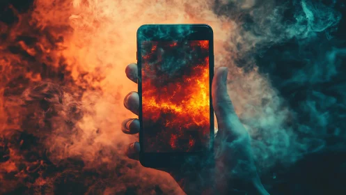 Smartphone Displaying Fire Display Within Dual-Tone Smoke Environment.