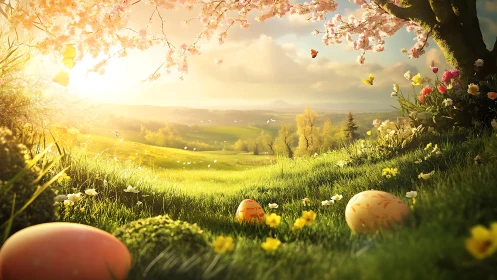 Radiant spring meadow with luminous Easter eggs at sunrise.