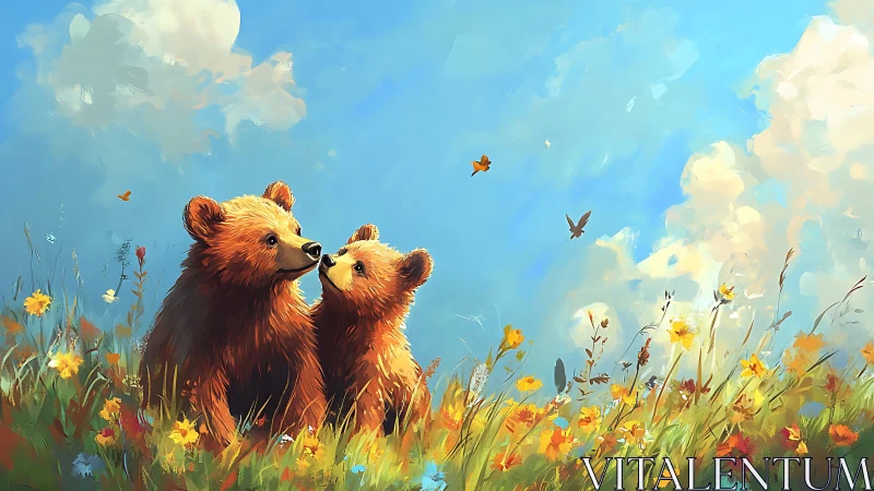 Gentle bear family enjoys a golden afternoon in wildflowers