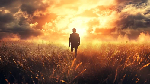 Silhouette of lone figure in tall grass against sunset sky.