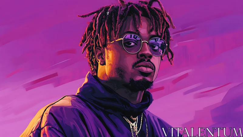 Neon-drenched portrait of a cool icon in violet dusk glow.