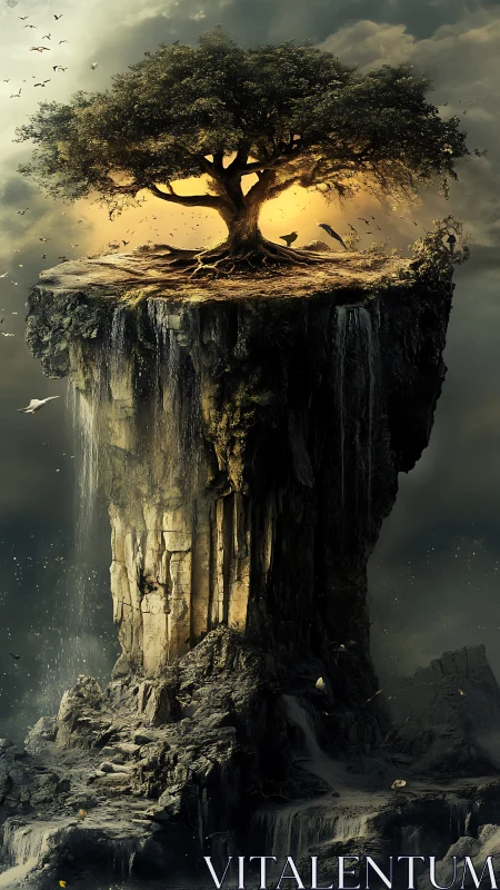 Sky-borne world tree crowned in molten twilight glow.