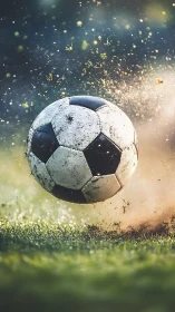 Mud-splattered soccer ball in dynamic mid-air motion.