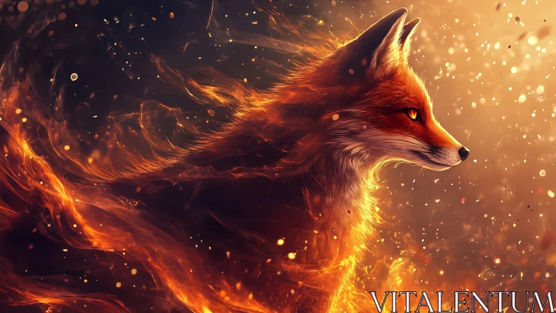 Digital illustration of fox formed from swirling fire and light.