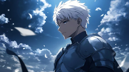 Silver haired knight stands under luminous drifting sky